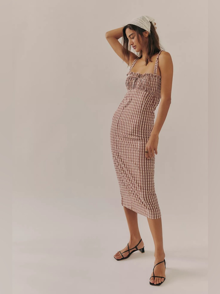 Free People Lucinda Gingham Cocoa Brown Midi Dress Size Small Nwt